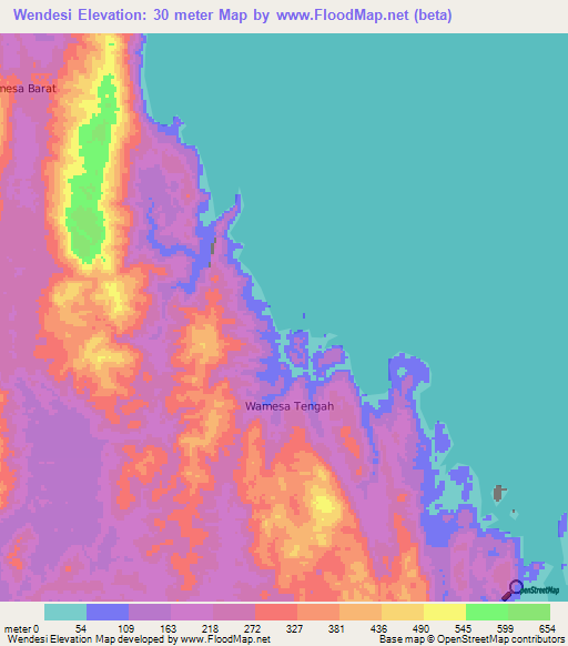 Wendesi,Indonesia Elevation Map