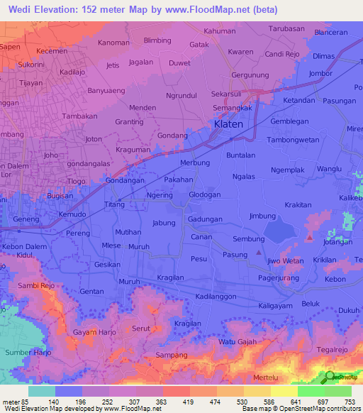 Wedi,Indonesia Elevation Map