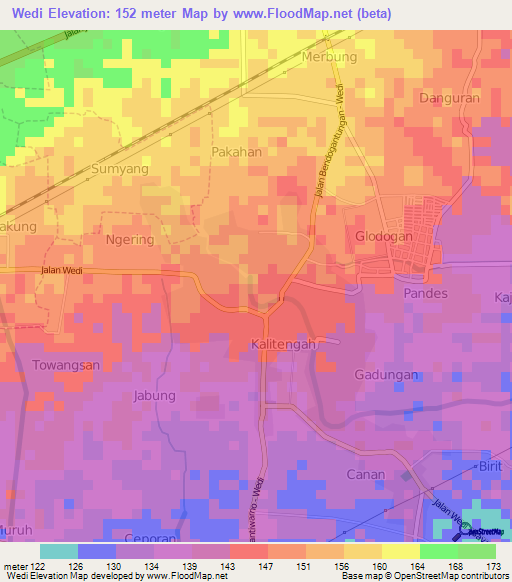 Wedi,Indonesia Elevation Map