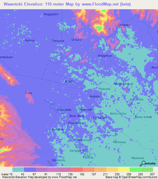 Wawotobi,Indonesia Elevation Map