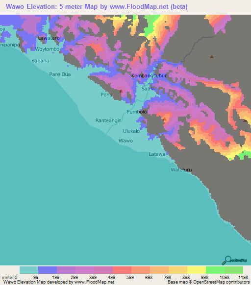 Wawo,Indonesia Elevation Map