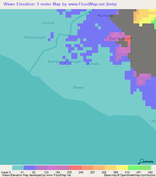 Wawo,Indonesia Elevation Map