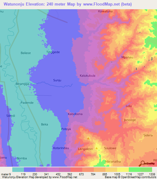 Watunonju,Indonesia Elevation Map