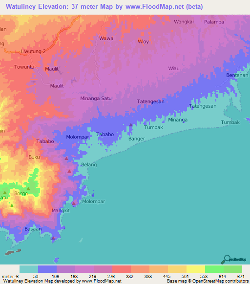 Watuliney,Indonesia Elevation Map