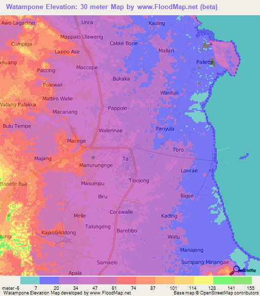 Watampone,Indonesia Elevation Map