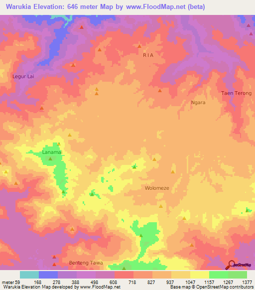 Warukia,Indonesia Elevation Map