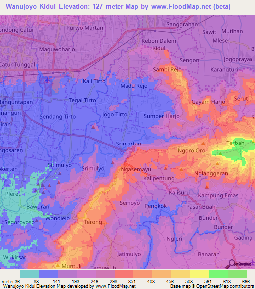 Wanujoyo Kidul,Indonesia Elevation Map