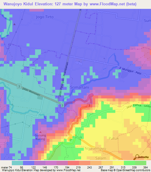 Wanujoyo Kidul,Indonesia Elevation Map