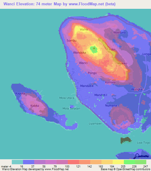 Wanci,Indonesia Elevation Map