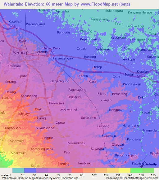 Walantaka,Indonesia Elevation Map