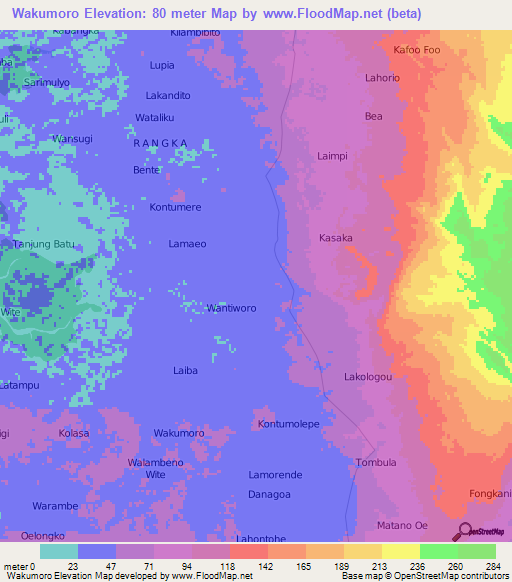 Wakumoro,Indonesia Elevation Map