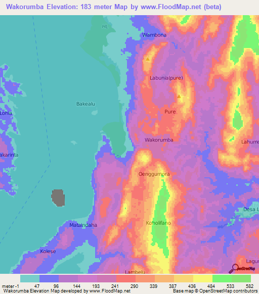 Wakorumba,Indonesia Elevation Map