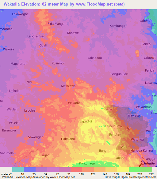 Wakadia,Indonesia Elevation Map