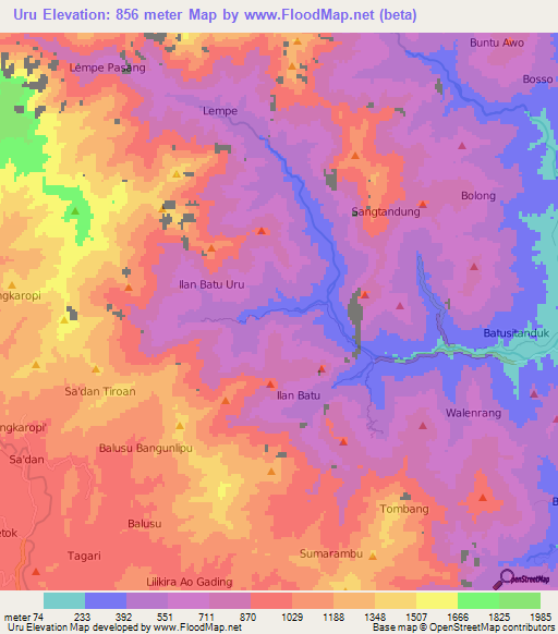 Uru,Indonesia Elevation Map