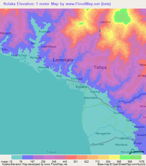 Kolaka,Indonesia Elevation Map