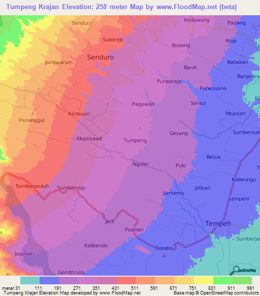 Tumpeng Krajan,Indonesia Elevation Map