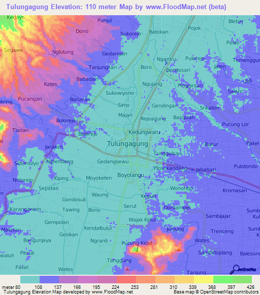 Tulungagung,Indonesia Elevation Map