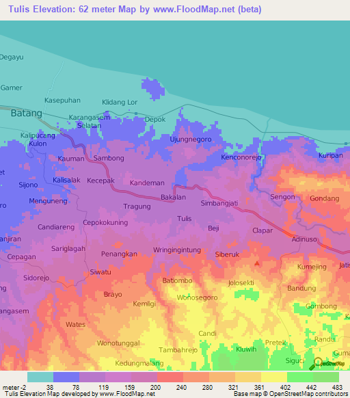 Tulis,Indonesia Elevation Map