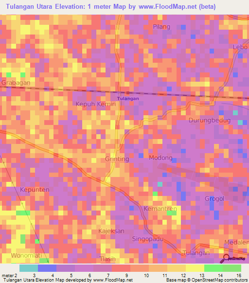 Tulangan Utara,Indonesia Elevation Map