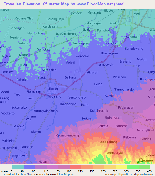 Trowulan,Indonesia Elevation Map