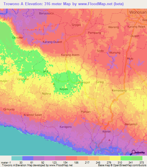 Trowono A,Indonesia Elevation Map