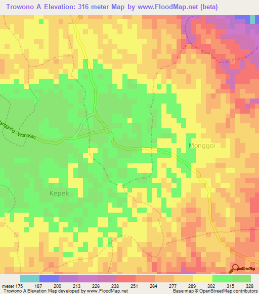 Trowono A,Indonesia Elevation Map