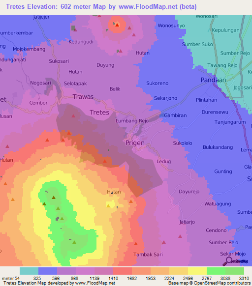 Tretes,Indonesia Elevation Map