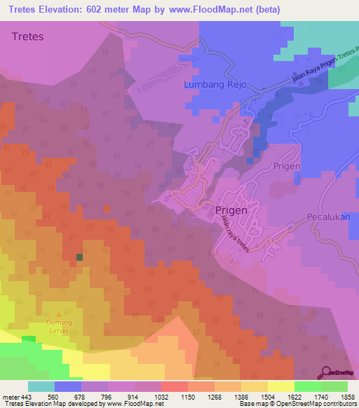 Tretes,Indonesia Elevation Map