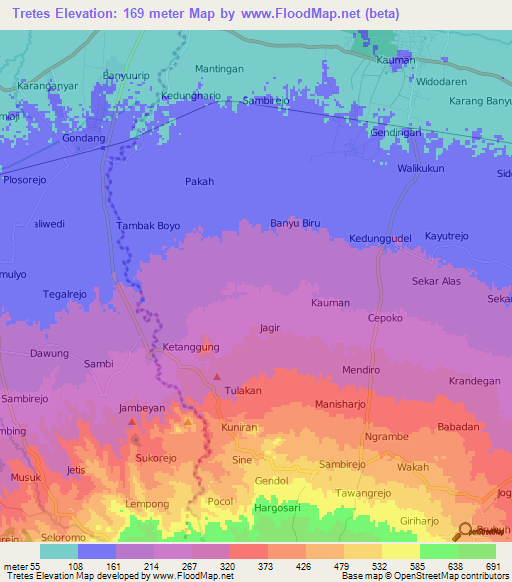 Tretes,Indonesia Elevation Map