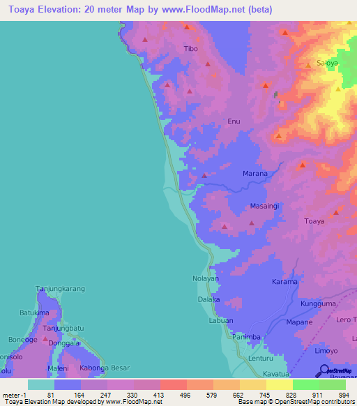 Toaya,Indonesia Elevation Map