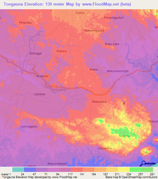 Tongauna,Indonesia Elevation Map