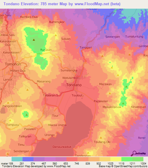 Tondano,Indonesia Elevation Map