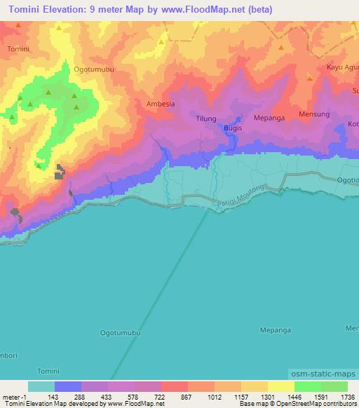 Tomini,Indonesia Elevation Map