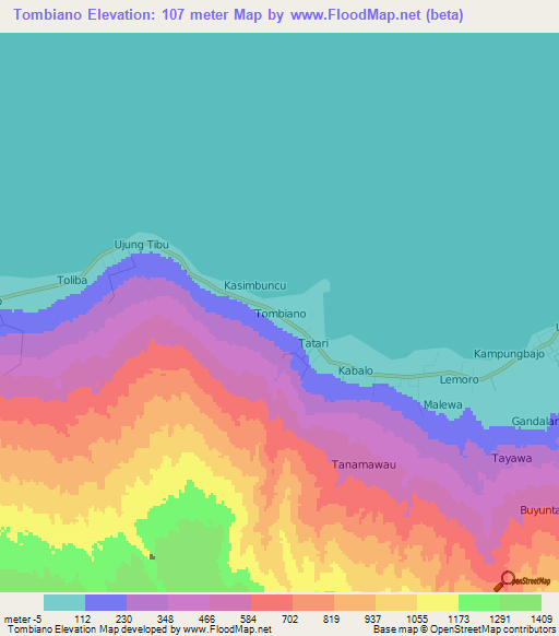 Tombiano,Indonesia Elevation Map