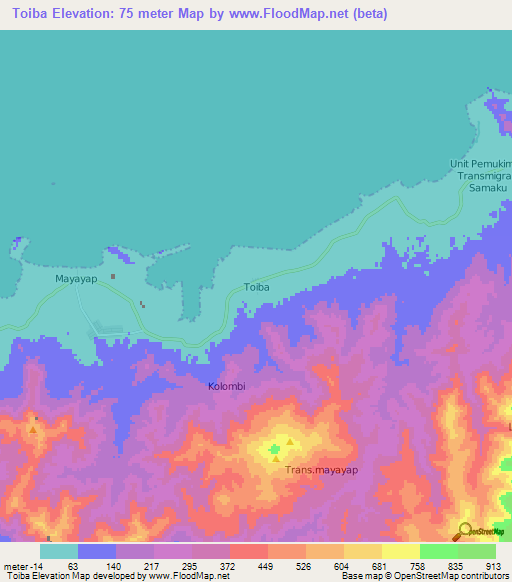 Toiba,Indonesia Elevation Map