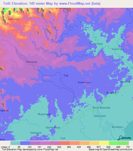 Toili,Indonesia Elevation Map