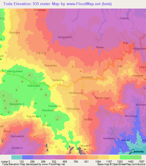 Toda,Indonesia Elevation Map