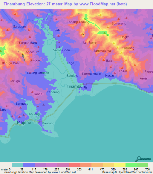 Tinambung,Indonesia Elevation Map