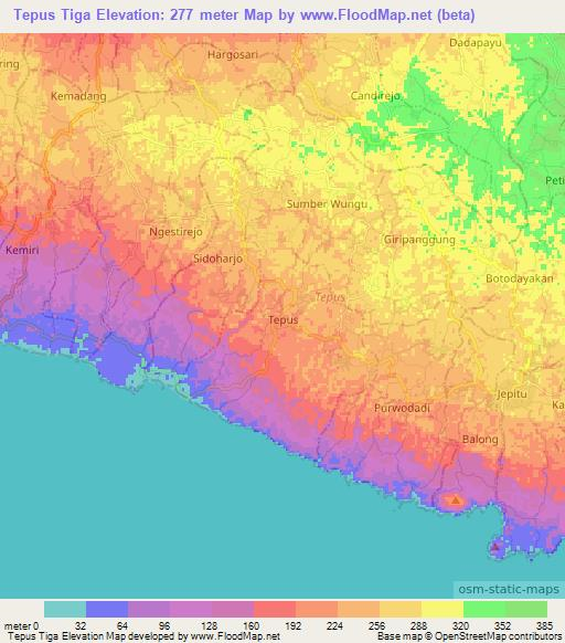 Tepus Tiga,Indonesia Elevation Map