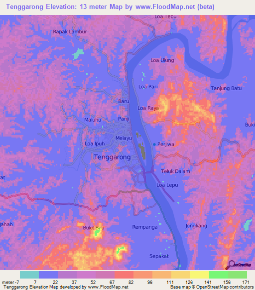 Tenggarong,Indonesia Elevation Map