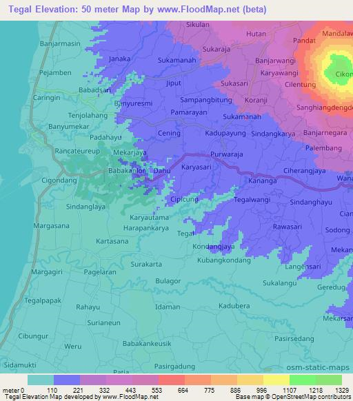 Tegal,Indonesia Elevation Map