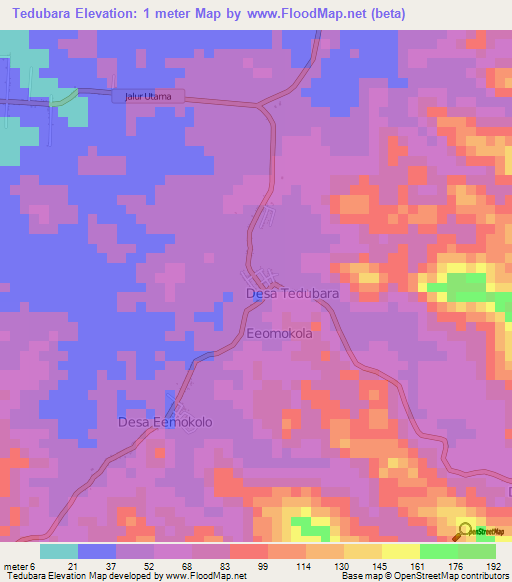 Tedubara,Indonesia Elevation Map