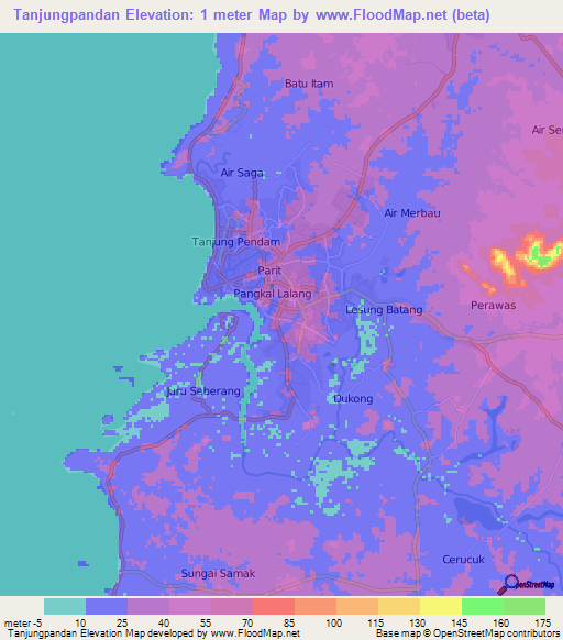 Tanjungpandan,Indonesia Elevation Map