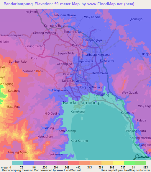 Bandarlampung,Indonesia Elevation Map