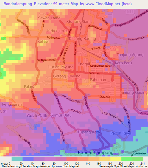 Bandarlampung,Indonesia Elevation Map