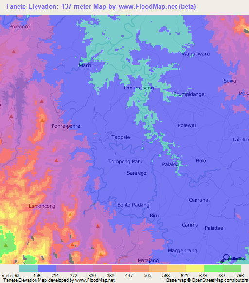 Tanete,Indonesia Elevation Map