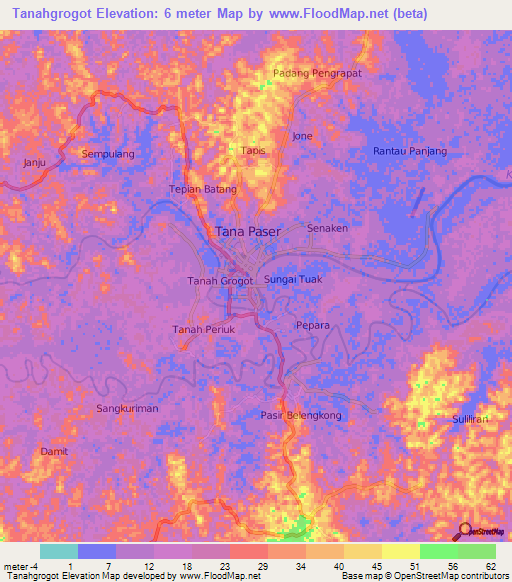 Tanahgrogot,Indonesia Elevation Map