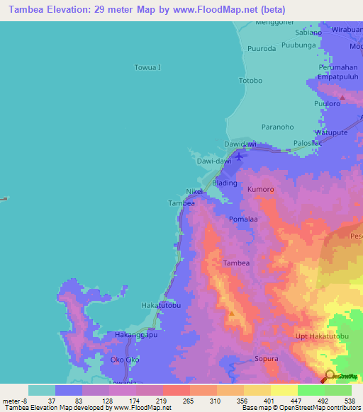 Tambea,Indonesia Elevation Map