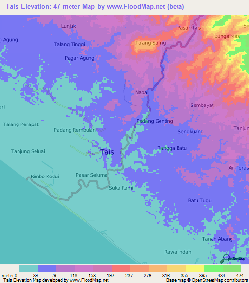 Tais,Indonesia Elevation Map