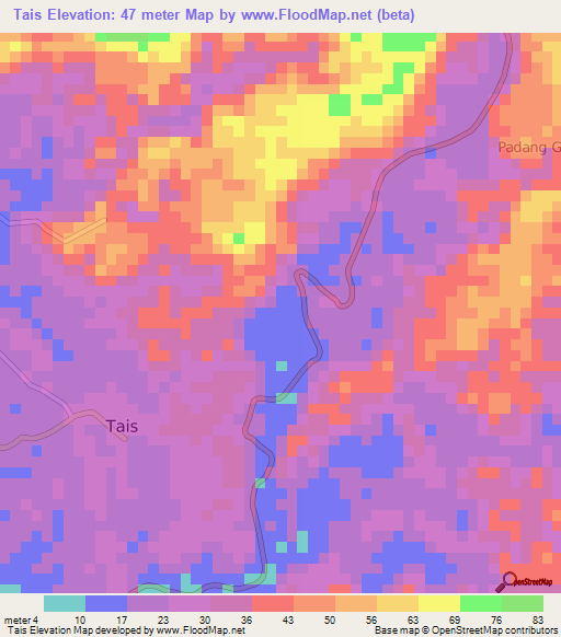 Tais,Indonesia Elevation Map